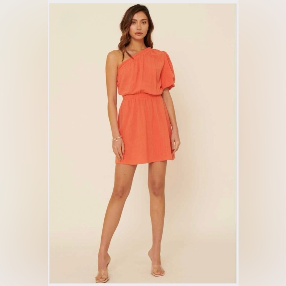 Promesa One Shoulder Mini Dress – Size Small – Coral Orange – Linen Blend